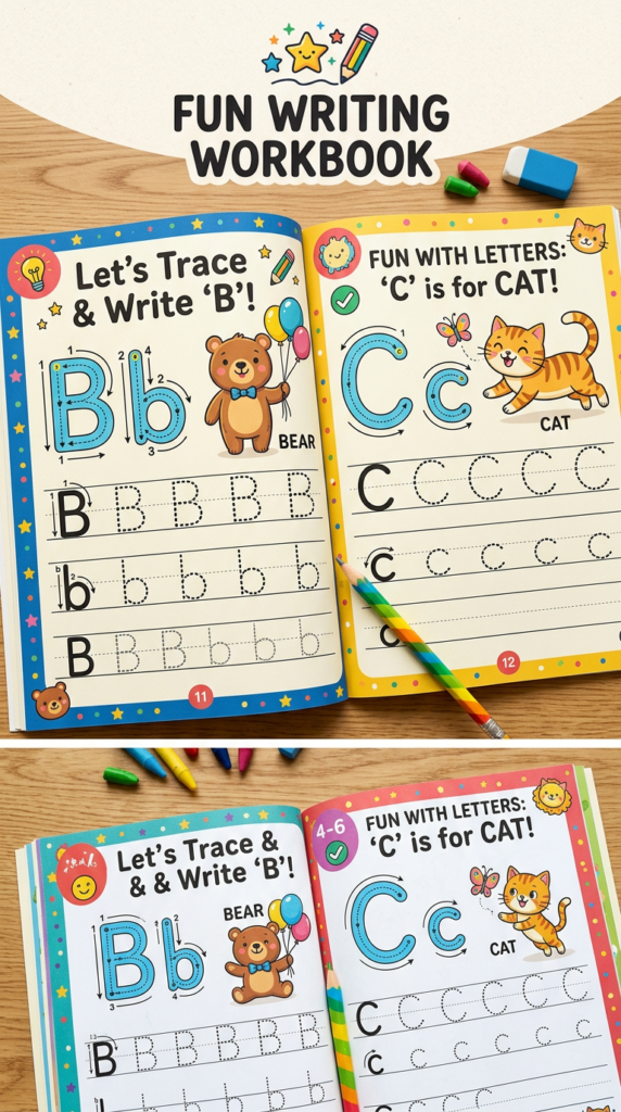 Workbook pages for tracing and writing letters B and C featuring a bear and a cat